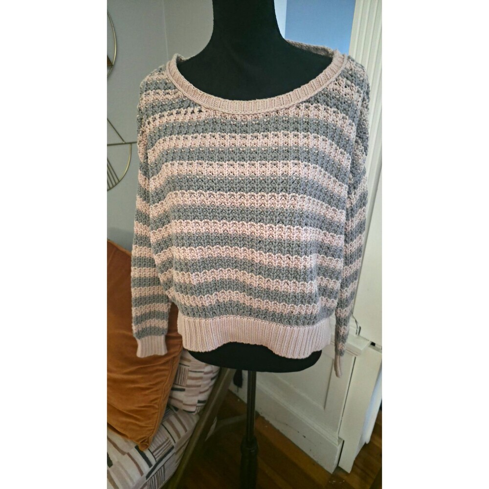 Free People Women’s Pink/Gray Striped Knit Scoop Neck Long Sleeve Sweater M